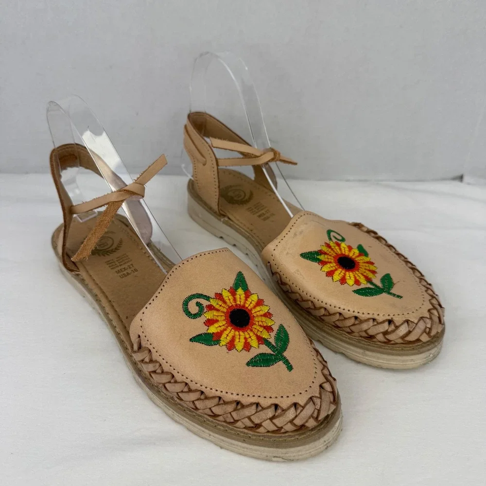 Mexican Huarache Sandals Tan Leather Sunflower Embroidered Ankle Tie Flats 10